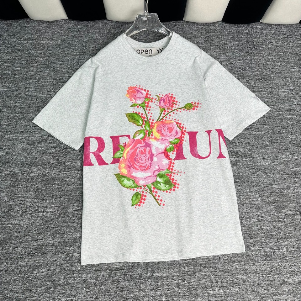OPEN ???????????? 24夏季新款玫瑰花字母印花圆领套头宽松短袖T恤  女