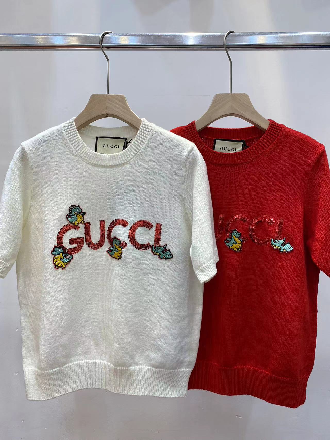 Gucci Clothing T-Shirt Embroidery Knitting Wool Spring Collection Short Sleeve gucci24039