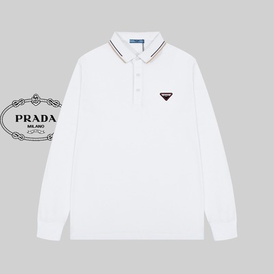 Prada Clothing Polo T-Shirt Black White Cotton Knitting Fashion Long Sleeve