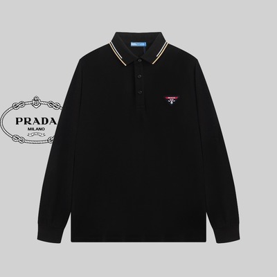 Good Prada Shop Clothing Polo T-Shirt Black White Cotton Knitting Fashion Long Sleeve