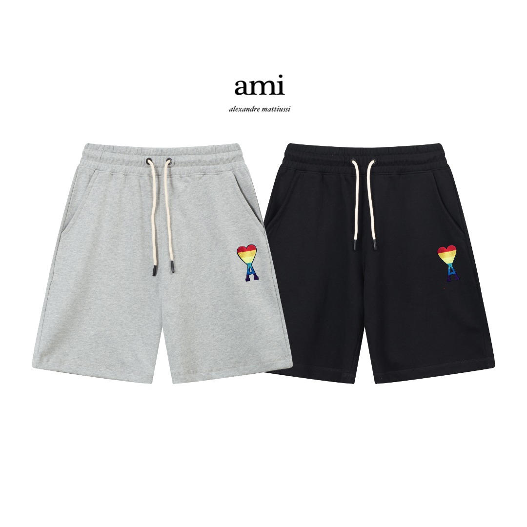 AMI SS Unisex Shorts: Black Grey, Sizes S-XL, Slant & Back Pockets, Logo Design - 图片 5