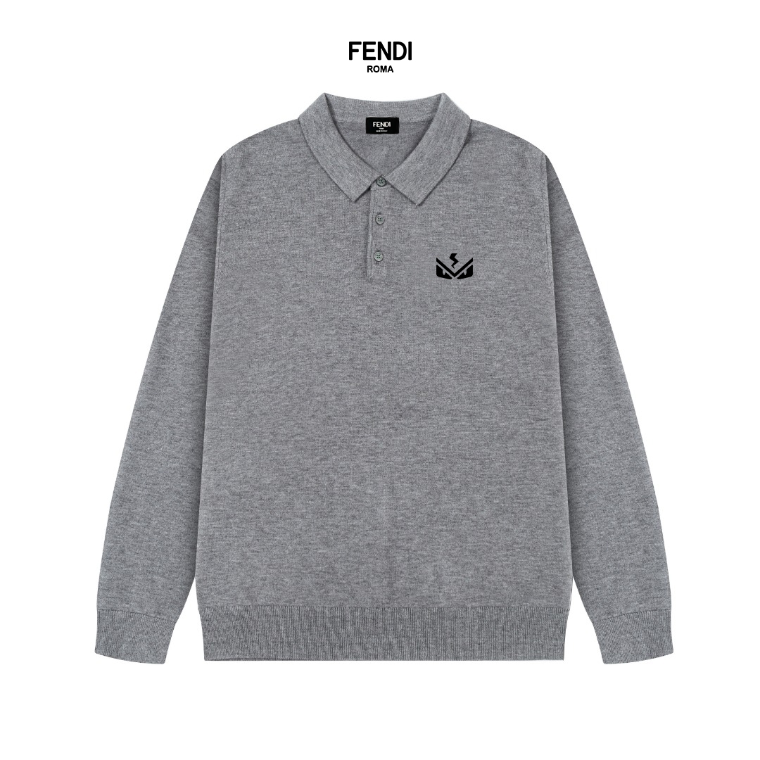 Fendi Clothing Polo Sweatshirts Black Grey Wool Casual