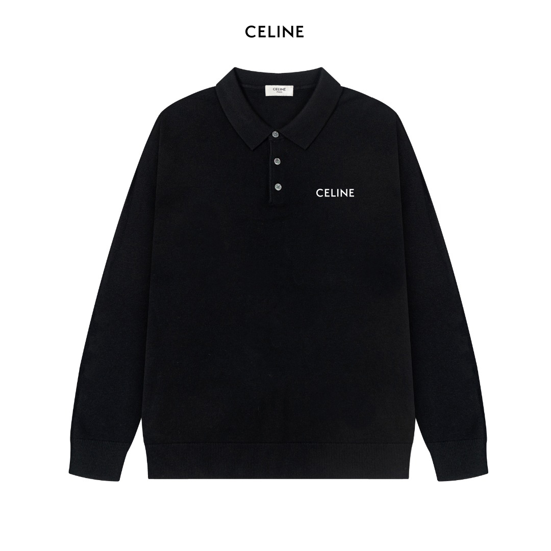 Celine Clothing Polo Sweatshirts Black Grey Wool Casual