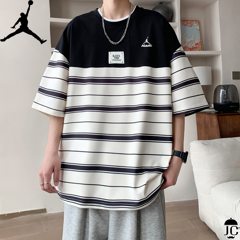 春季首发真标可扫JordanJordan专柜同款上市本季主打，货源充足日系白底平铺2024新款条纹夏季男潮流宽松服潮牌港风学生短袖T恤五分袖半袖T恤⚡独家印花工艺 严格把控品质以及做工 超高1