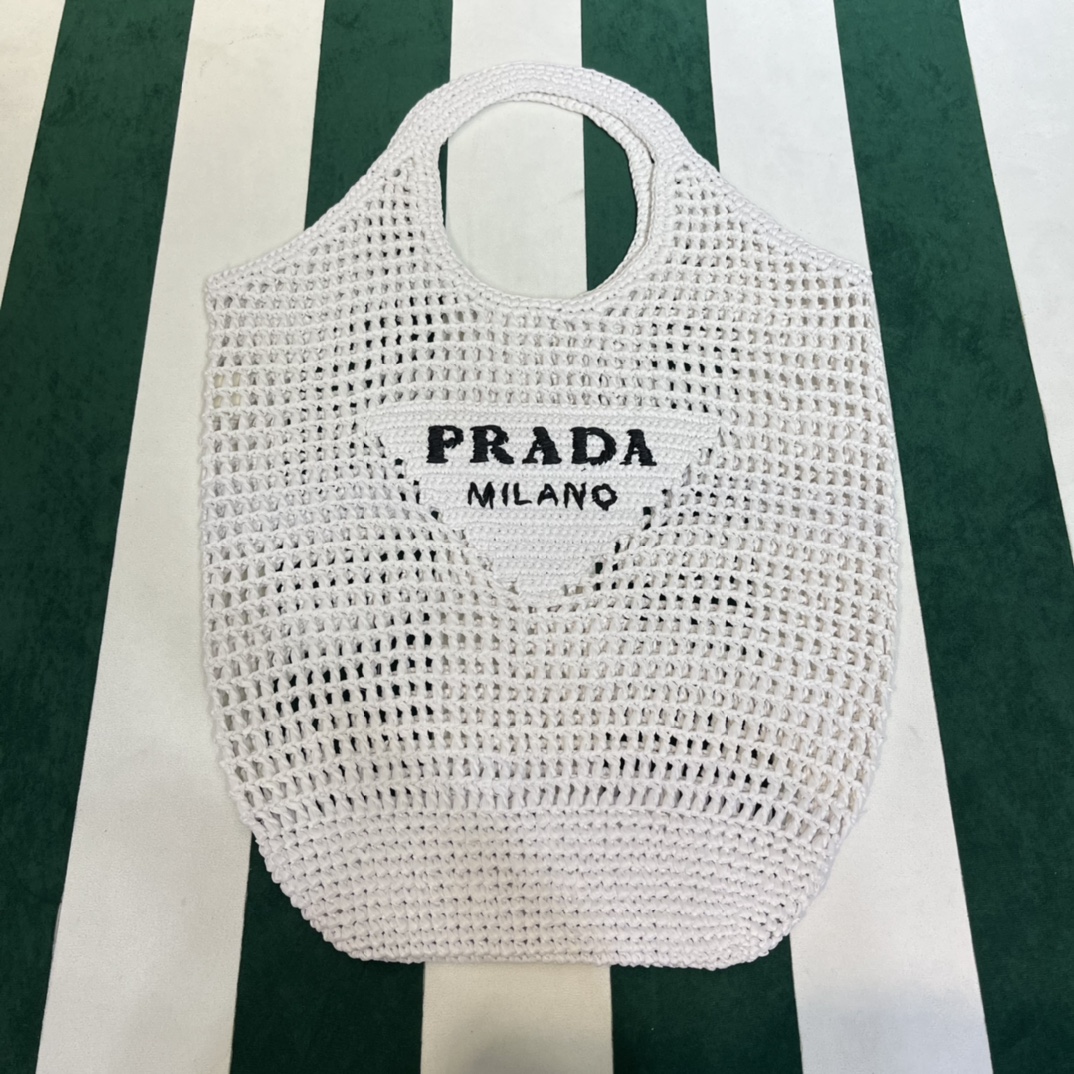 Prada Tassen Tote Tas Wit Openwerk Raffia Stro geweven Weven