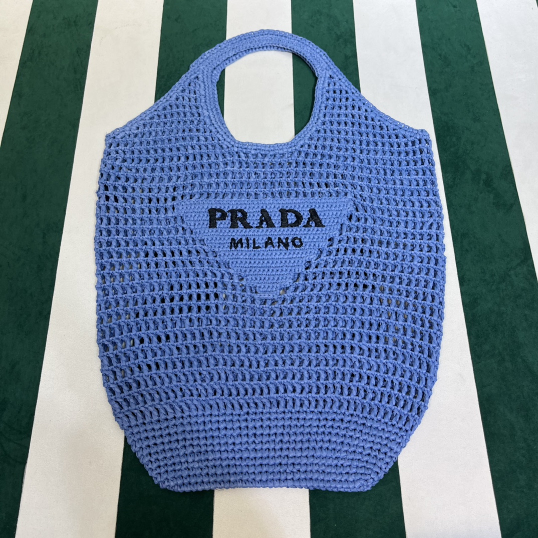 Prada Tassen Tote Tas Blauw Openwerk Raffia Stro geweven Weven