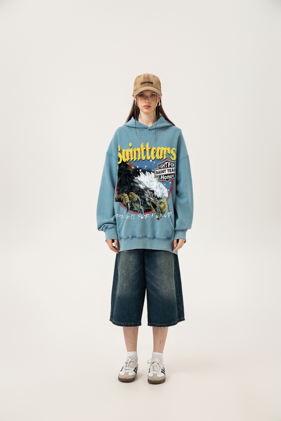 Vintage Water-Washing Hoodie in Saint Michael Style – SS WY7717, Blue/Black, M-XL Sizes - 图片 7