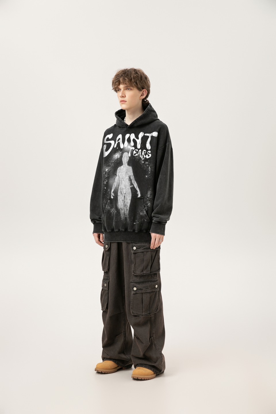 Saint Michael Vintage Hoodie in Water-Washing Blue and Black, Sizes M-XL, Section SS WY7716. - 图片 8