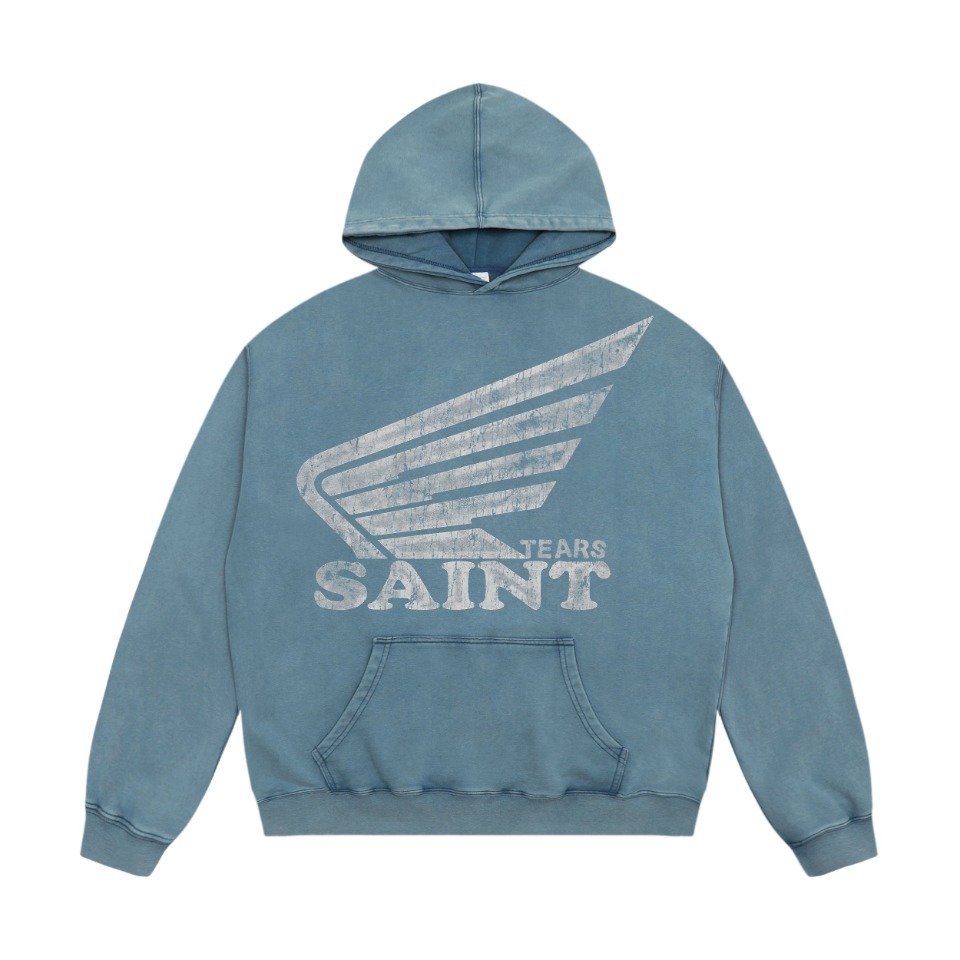 Vintage Water-Washed Saint Michael Hoodie in Blue and Ash Colors, Sizes M-XL