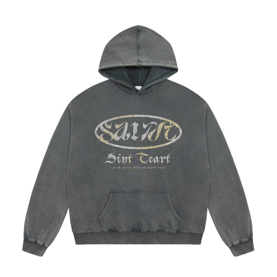 Vintage Water-Washed Saint Michael Hoodie in Blue and Ash, Sizes M-XL, Section SS WY7724.
