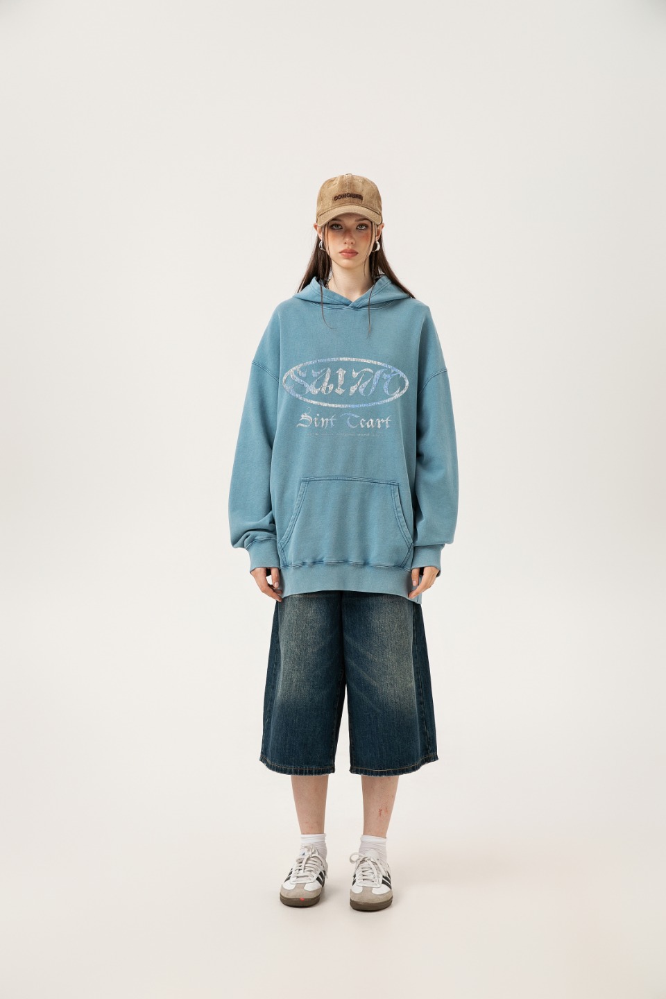 Vintage Water-Washed Saint Michael Hoodie in Blue and Ash, Sizes M-XL, Section SS WY7724. - 图片 4