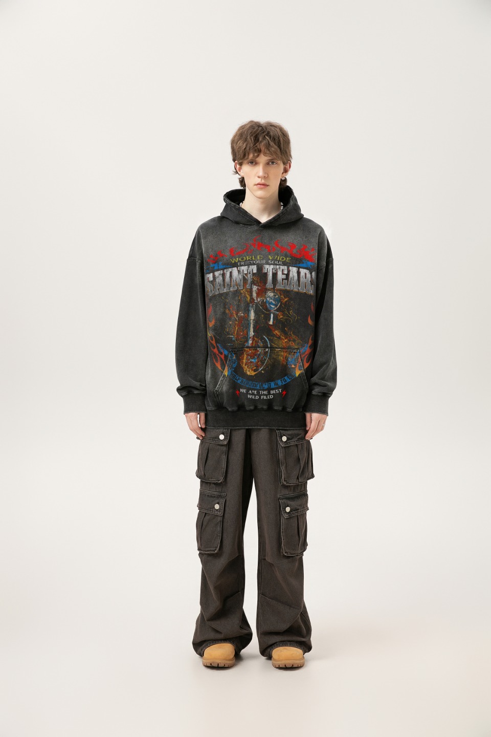 Vintage Saint Michael Water-Washed Hoodie in Black, Sizes M, L, XL – Section SS WY7726 - 图片 5