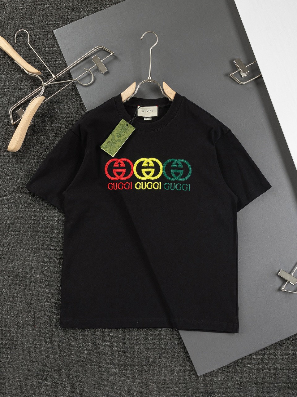 GUC 25 primavera-verano nueva camiseta de manga corta con doble G tridimensional y semáforo, letras bordadas en tres co…
