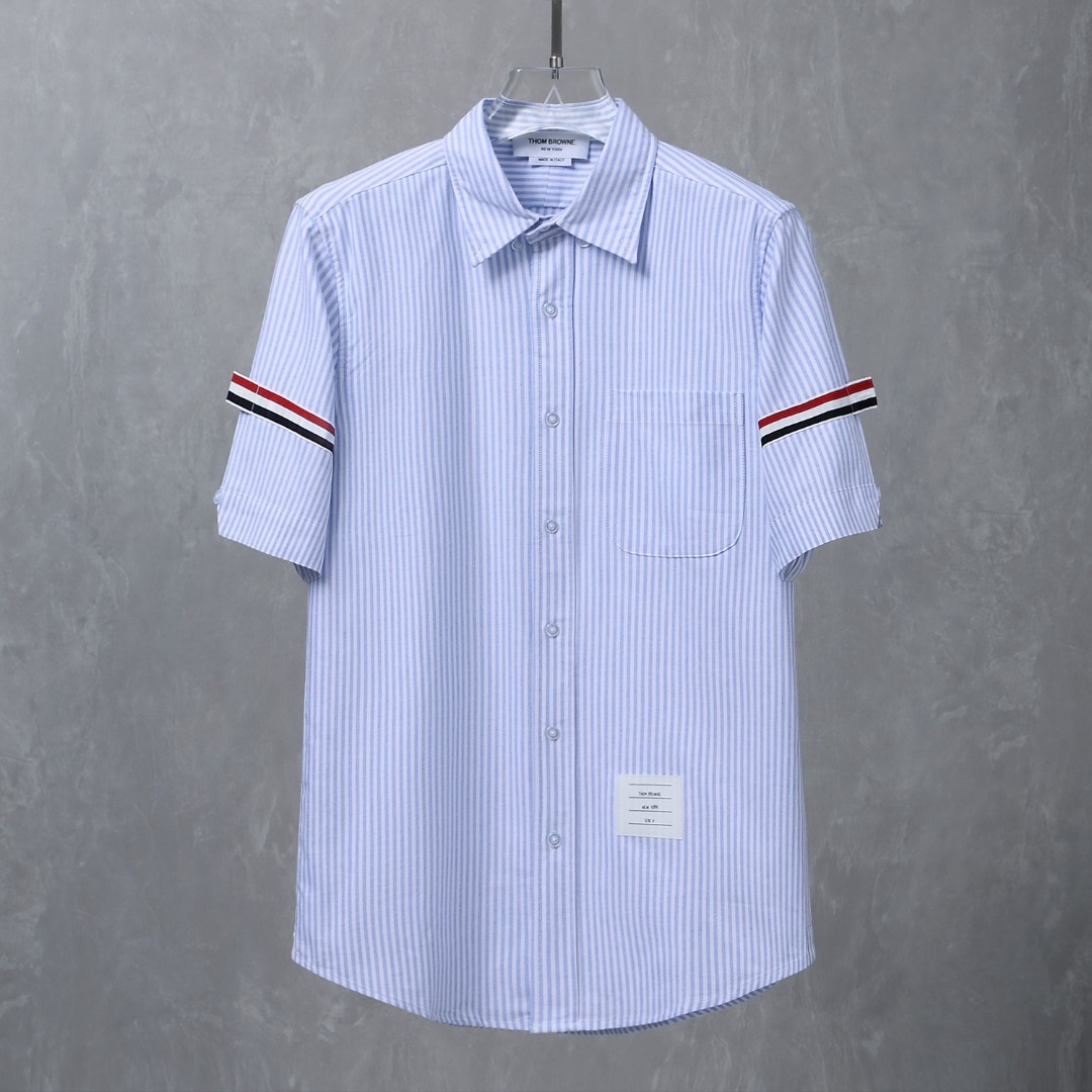 TB Thom Browne Blue Grey Striped Short-Sleeve Shirt with Double-Sleeve Belt - 图片 1