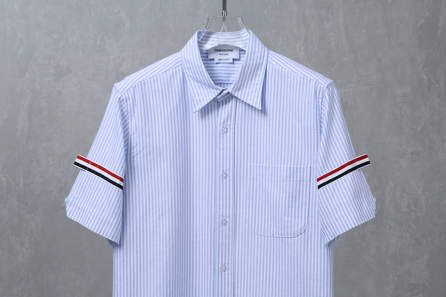 TB Thom Browne Blue Grey Striped Short-Sleeve Shirt with Double-Sleeve Belt - 图片 3