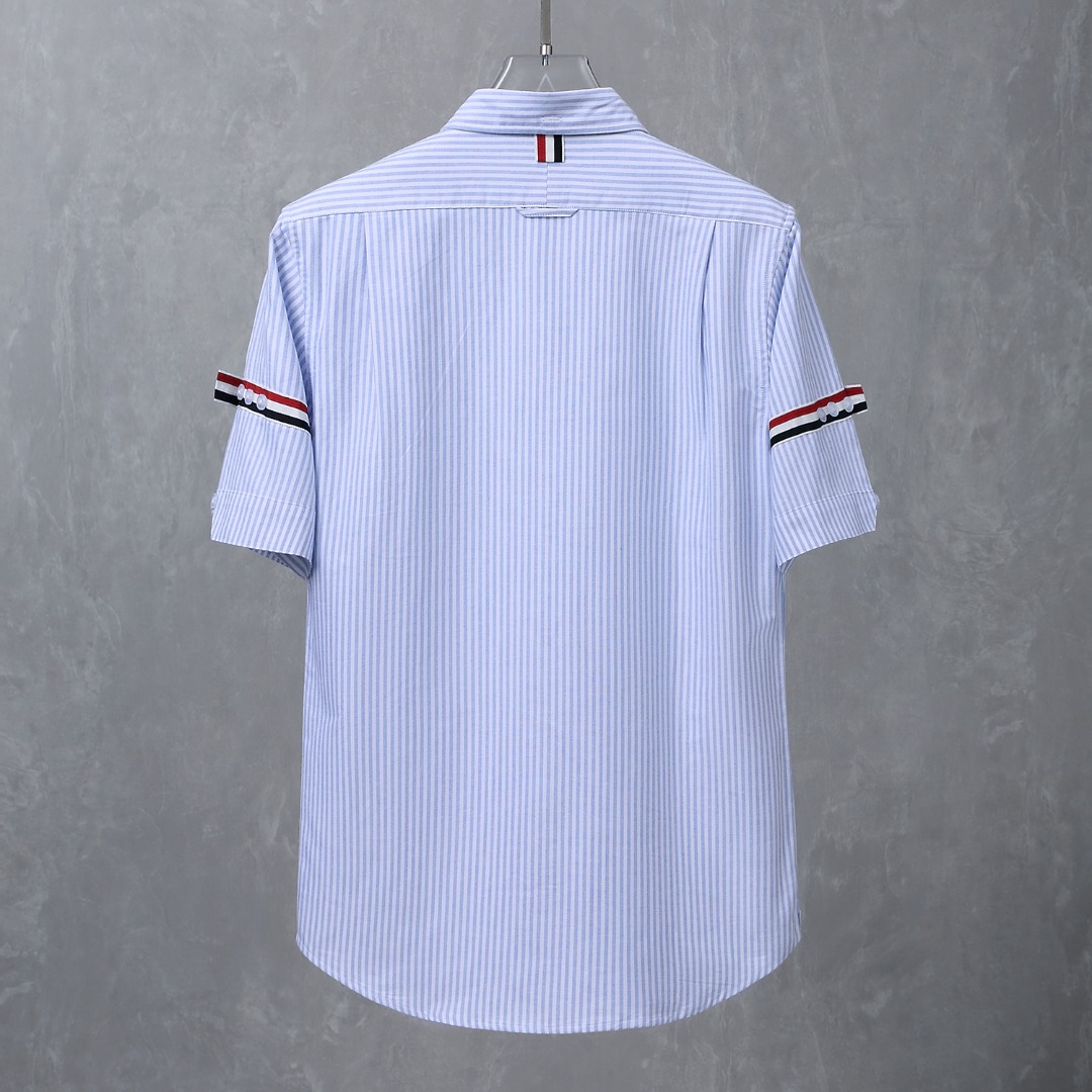 TB Thom Browne Blue Grey Striped Short-Sleeve Shirt with Double-Sleeve Belt - 图片 2