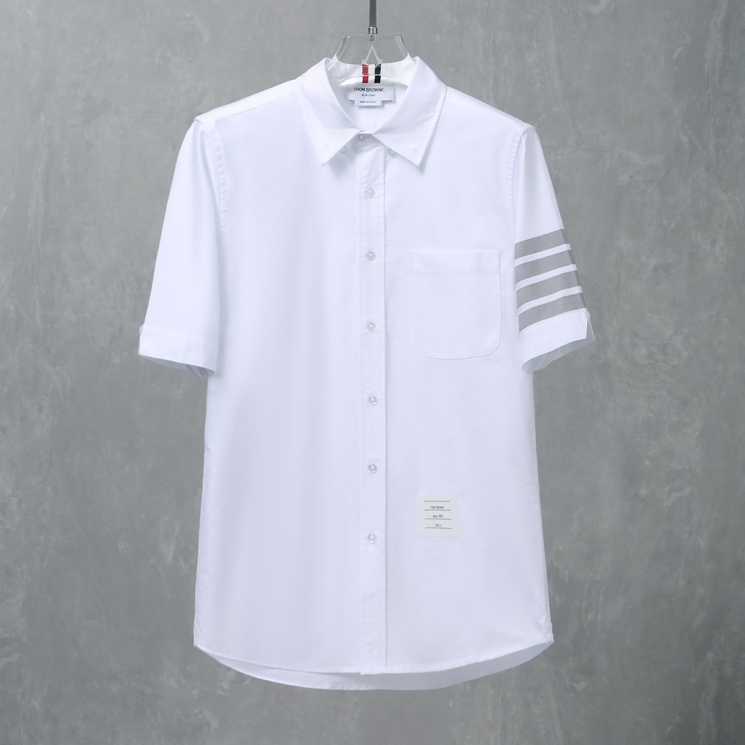 Thom Browne TB Shirt: High-Quality White Shirt with Gray Bars and Transparent Buttons - 图片 1