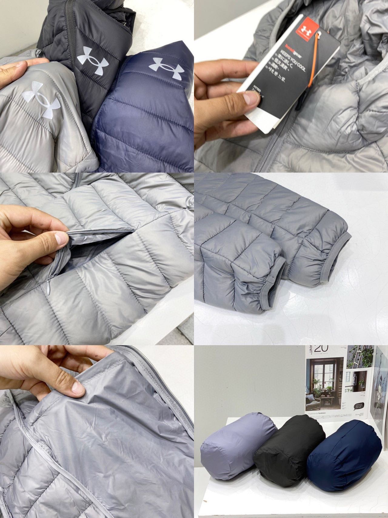 供货价:110💰『轻薄羽绒服』独家贸易款,适宜当季温度,真实采用鸭绒填充,原包装+原吊牌
2024UA安德玛新款连帽轻薄羽绒服这款上身帅炸！上身很男神的一款！小码女生也可以穿！这个冬天你必入的一款棉衣！胸前经典logo印花，3M反光，简单低调，当下最热的元素，性价比超高，轻薄的御寒神器，上身效果简单而高级，不失为此款设计师苦心量身定制的版型，立体高温压胶工艺，水洗不会掉！！ 首先面料采用密度防风防雨面料！填充物是中空棉，保暖效果很好！！这种填充物是由不同规格的超细纤维！！和新疆棉经过特殊工艺生产制造！！新疆棉具有轻薄、手感细腻、柔软、保温好、各种优点！！此款最大的亮点还算是内里的保暖层！！这款棉服版型真是没得说！！细节决定品质！穿上一件，告别寒冬！！绝对火爆的高科技经典款！好货不常有，遇到了，就一定要珍惜！！
颜色：黑色 灰色 藏青色
尺码：M-4xl排骨 连帽 羽绒服