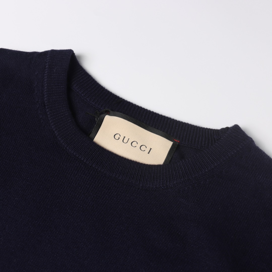 Gucci/古驰GUC 下摆Logo针织圆领毛衣 藏蓝