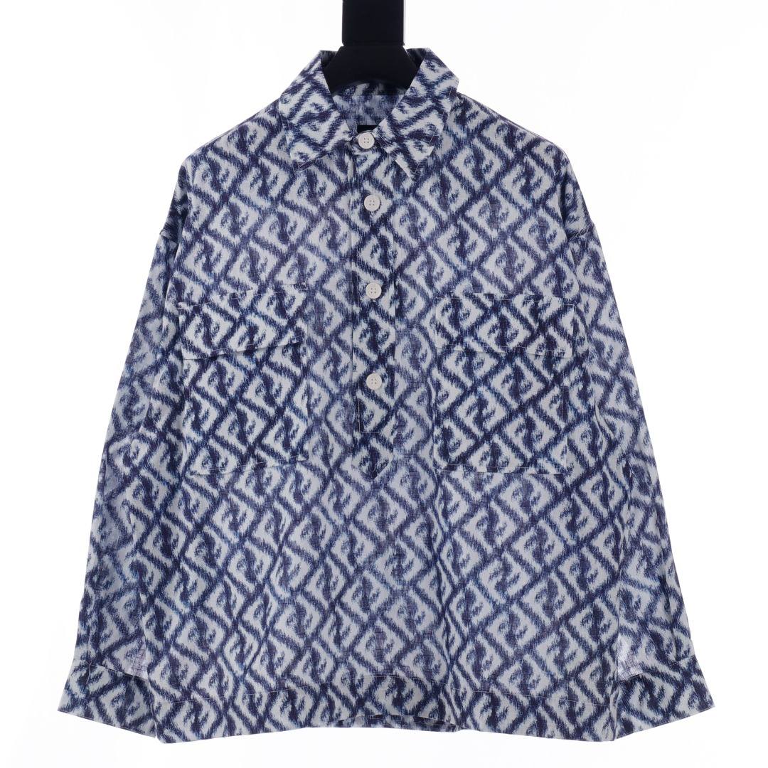Camisa de manga larga Fendi FD 24 azul con estampado completo de doble FF en colores. Tejido de algodón de 16 cabos per…