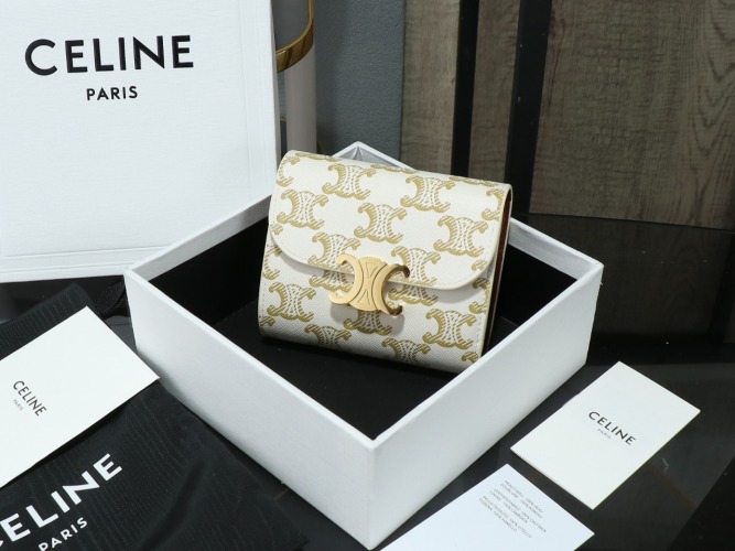 Celine Triomphe Wallet in Triomphe Canvas and Lambskin White/Tan 1 Celine Triomphe Wallet in Triomphe Canvas and Lambskin White/Tan