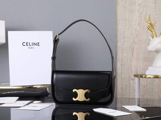 Celine Terence Triomphe Black Lacquered Calfskin Handbag - Elegant & Compact 1 Celine Terence Triomphe Black Lacquered Calfskin Handbag - Elegant & Compact