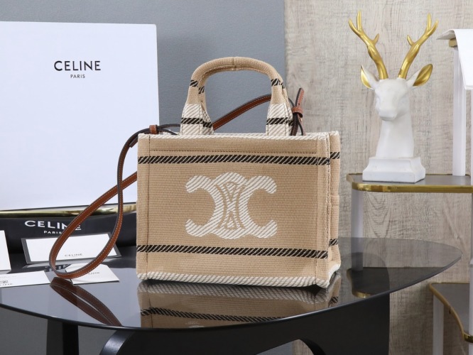 Celine Cabas Thais Small Tote Bag Triomphe Striped Textile with Leather Trim 1 Celine Cabas Thais Small Tote Bag Triomphe Striped Textile with Leather Trim