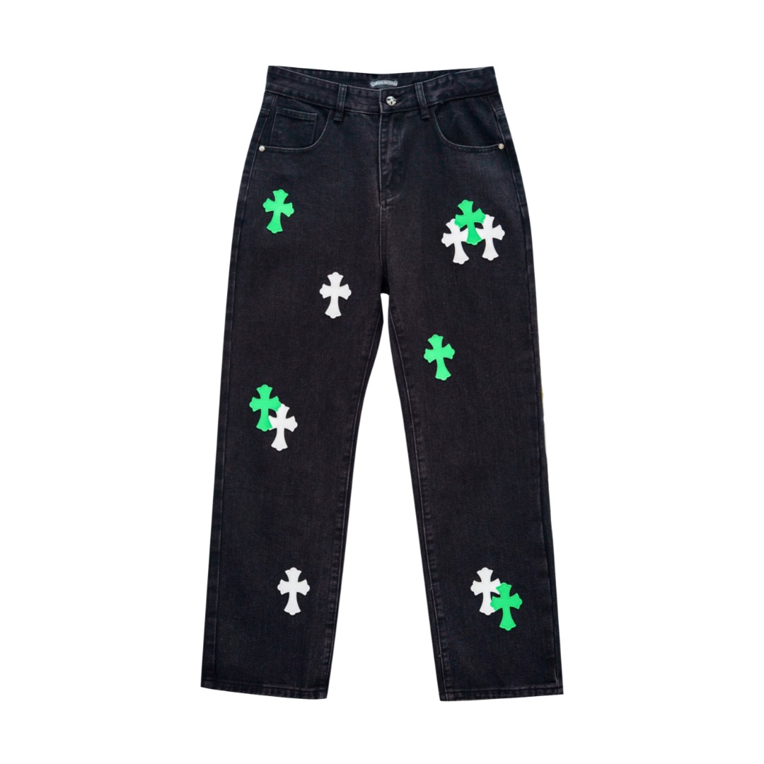 Chrome Hearts Clothing Jeans Pants & Trousers Black Blue Green White Unisex Cotton Denim Genuine Leather Lambskin Sheepskin