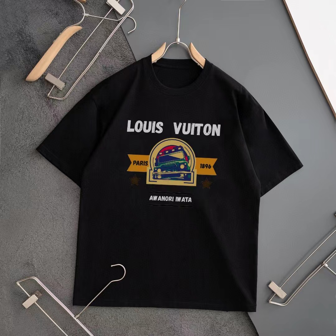 Louis Vuitton Clothing T-Shirt Black White Printing Unisex Cotton Spring Collection Short Sleeve