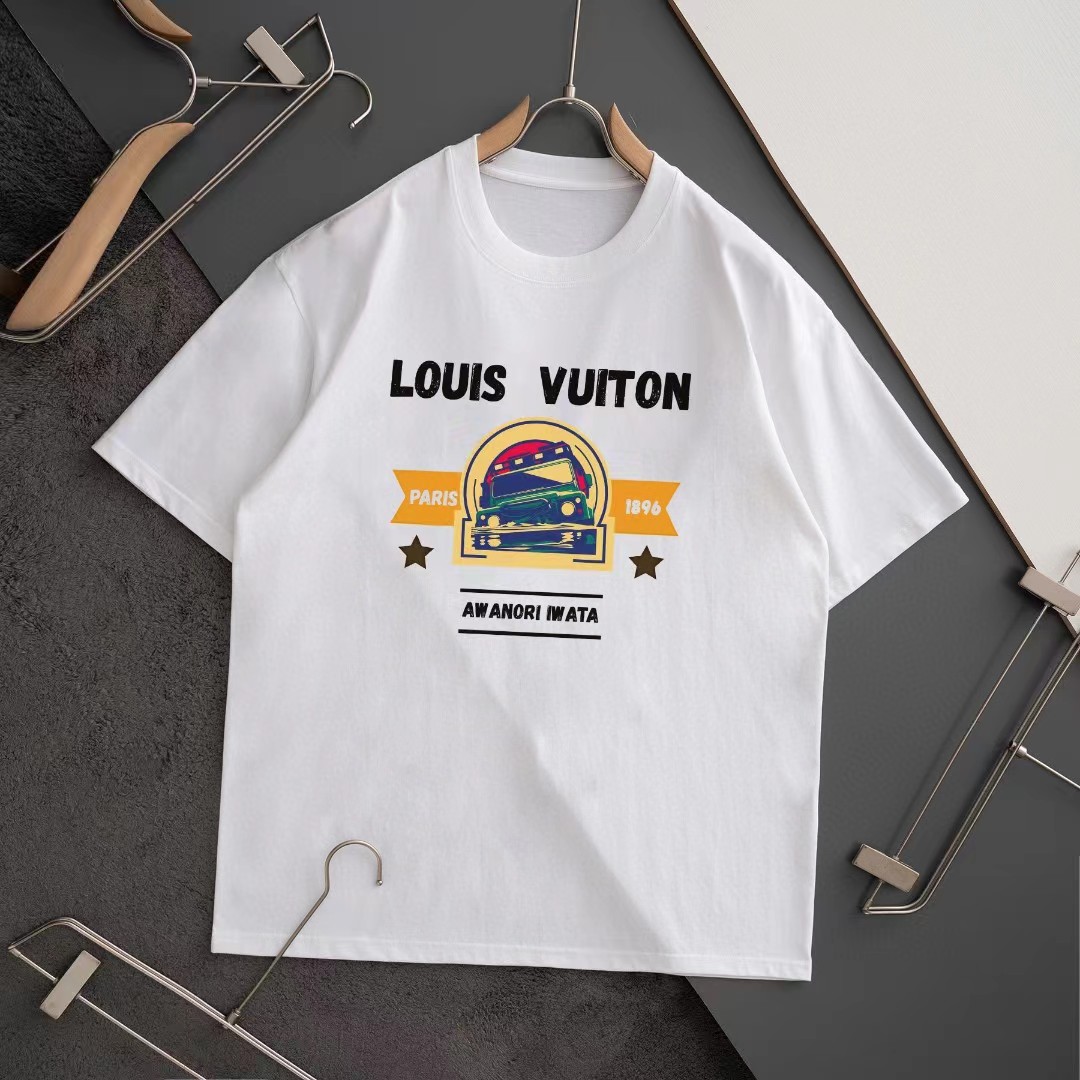 Louis Vuitton Clothing T-Shirt Black White Printing Unisex Cotton Spring Collection Short Sleeve