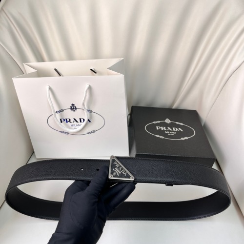 Prada Men's Black Leather Belt with Triangle Logo Buckle, 4 cm Wide