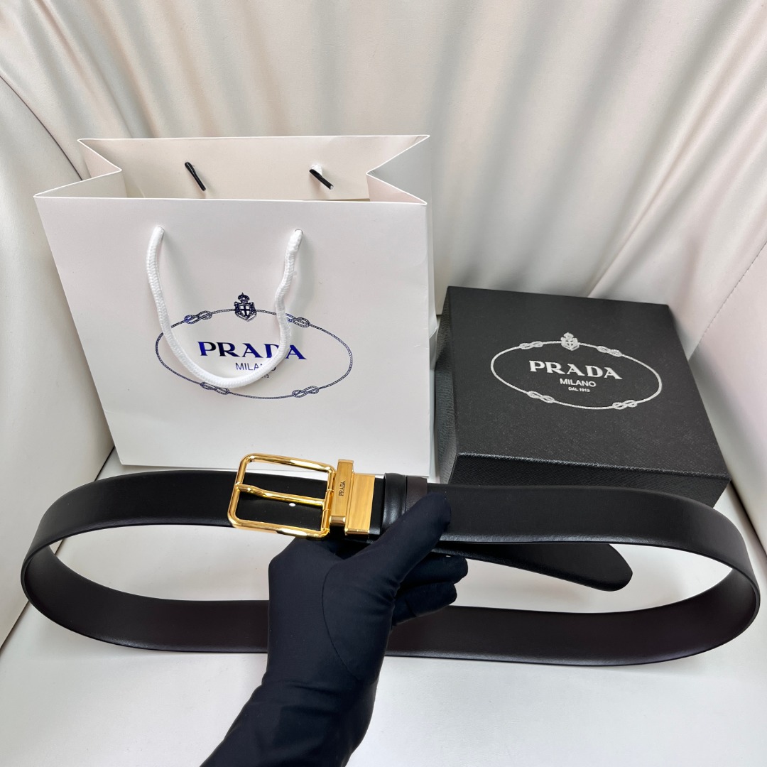Prada Reversible Leather Belt with Gold Buckle, 3.5cm Width 2 o 1i23f6auo1v8m1m0l1ua5fb1o92i