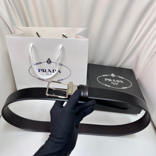 Prada Reversible Leather Belt with Engraved Buckle, 3.5cm Width