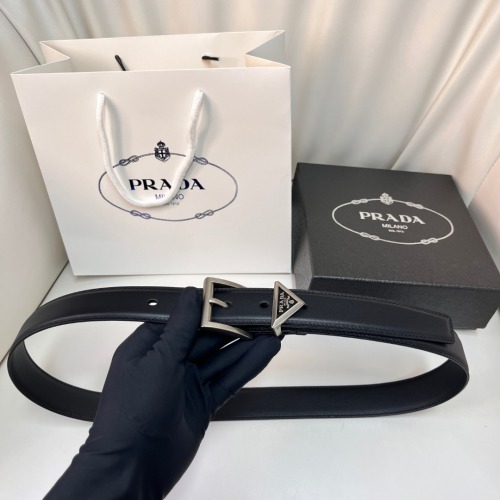 Prada Smooth Leather Belt with Enamel Triangle Buckle, 3.0 cm - Black 1 Prada Smooth Leather Belt with Enamel Triangle Buckle, 3.0 cm - Black