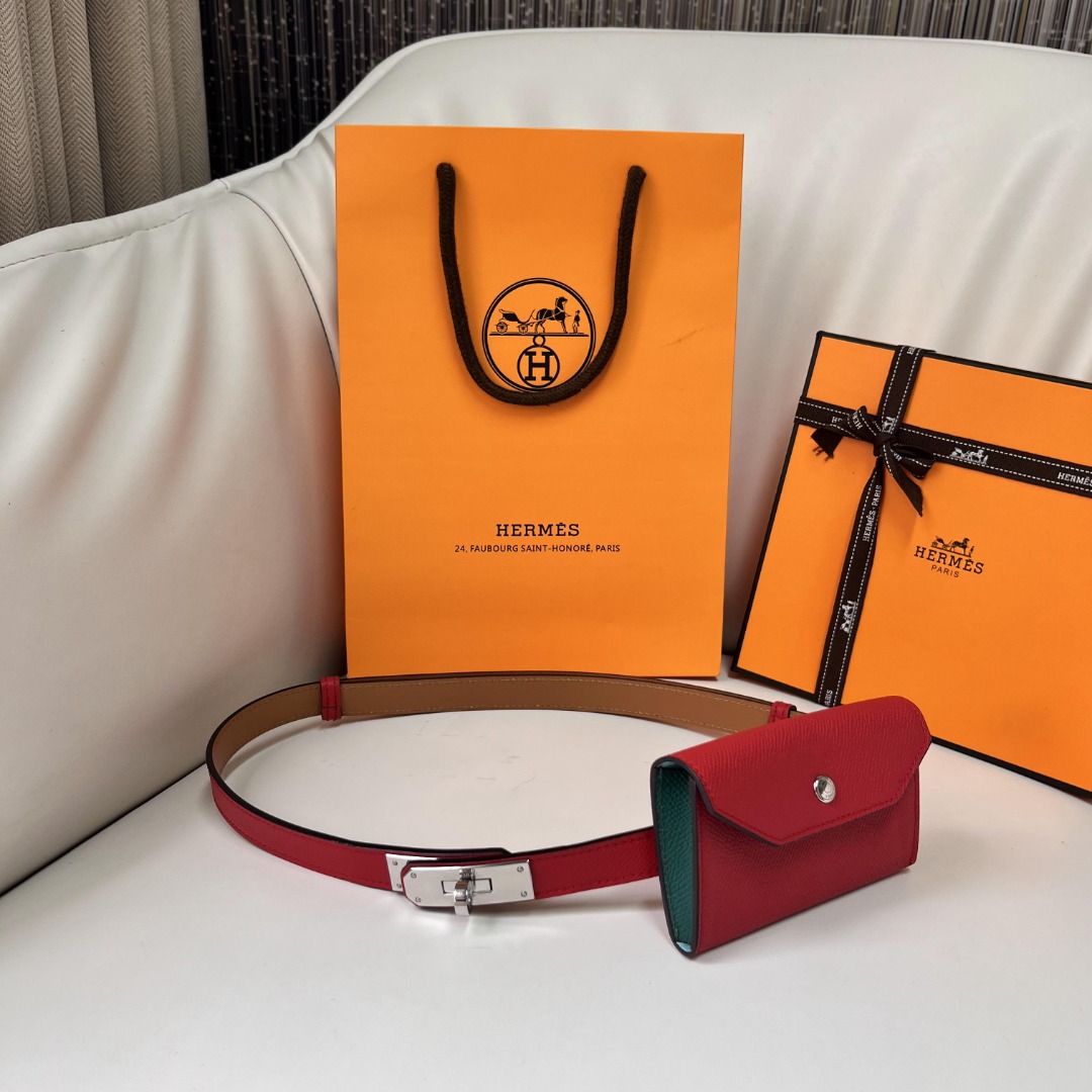 Hermès Kelly Pocket 18 Belt in Red Leather with Silver Hardware