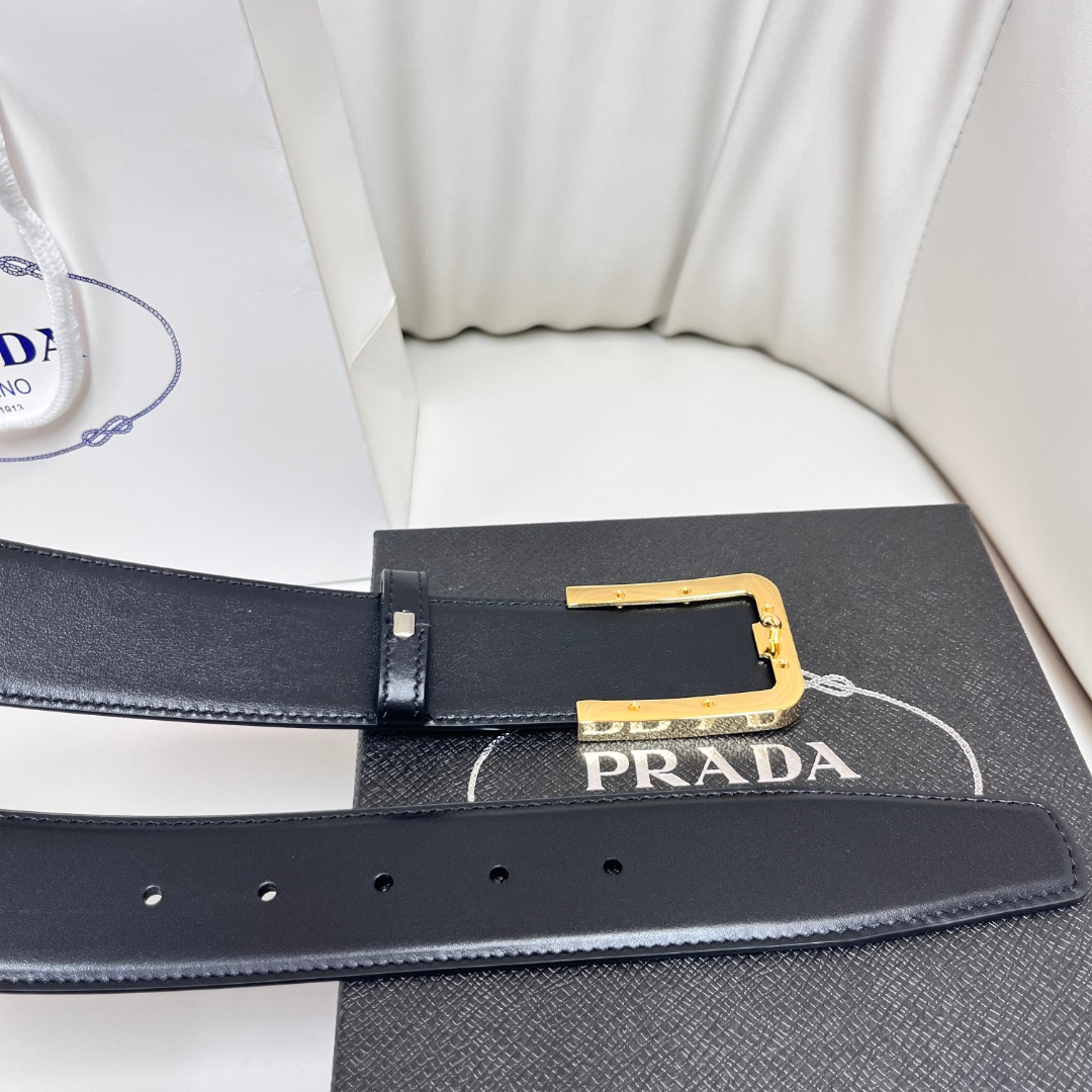 Prada Men's Leather Belt with Gold-Tone Buckle, 4.0 cm Width 6 o 1i66ol0bk1tqf7d61l061bkrmri28