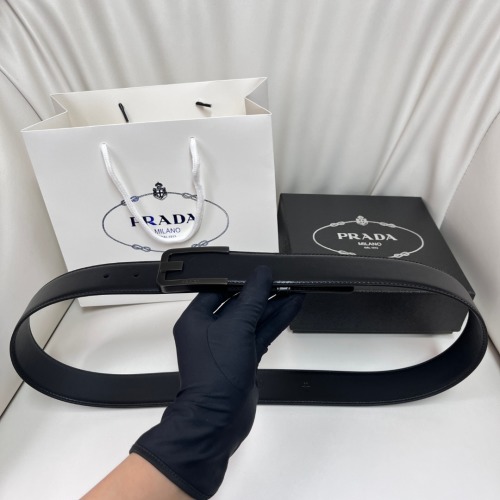 Prada Men's Black Leather Belt with Logo Buckle, 4.0 cm Width 1 Prada Men's Black Leather Belt with Logo Buckle, 4.0 cm Width