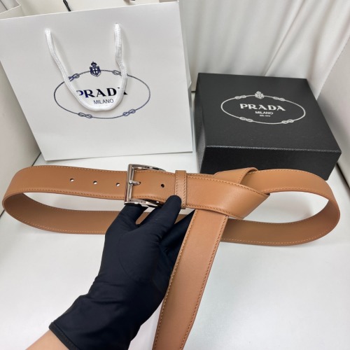 Prada Leather Belt with Silver Buckle, Tan - Modern & Versatile 1 Prada Leather Belt with Silver Buckle, Tan - Modern & Versatile