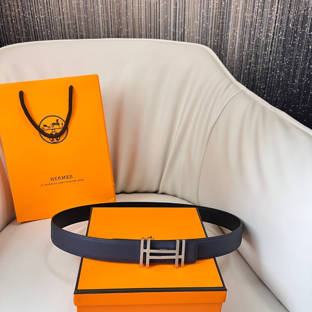 Hermes Reversible Leather Belt with H Buckle, 3.2cm Width