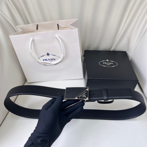 Prada Saffiano Leather Belt with Enamel Triangle Buckle, 3.5cm Wide 1 Prada Saffiano Leather Belt with Enamel Triangle Buckle, 3.5cm Wide
