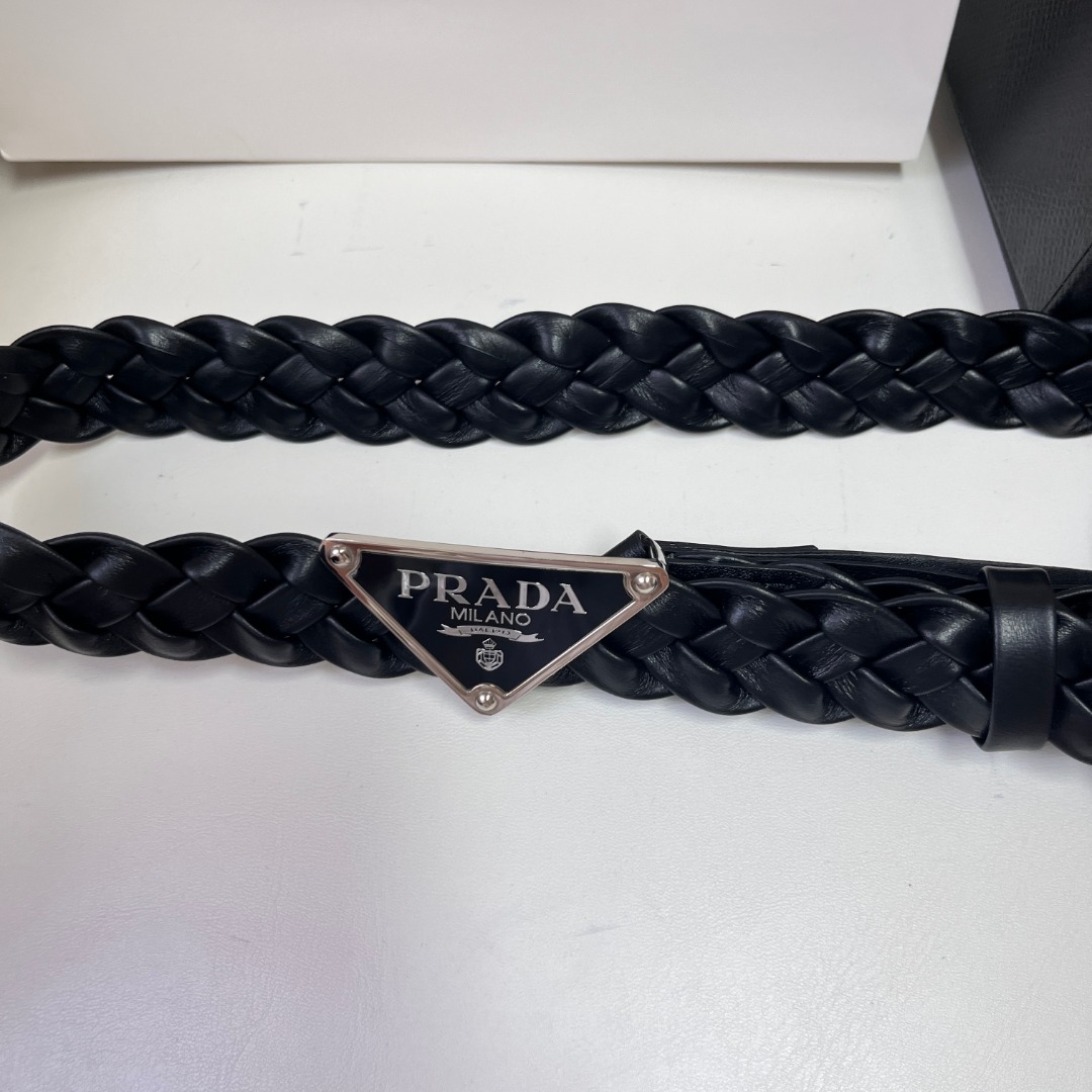 Prada Braided Leather Belt with Enamel Triangle Logo Buckle, Black 3 o 1ibgmlsmf1a60g971cgks331j493p