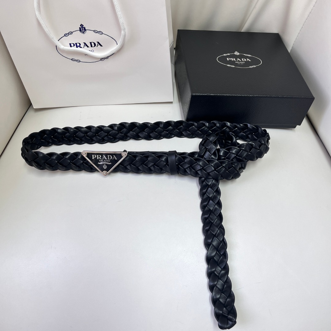 Prada Braided Leather Belt with Enamel Triangle Logo Buckle, Black 2 o 1ibgmlsmfgi4dvcf0diiu1u4r3o