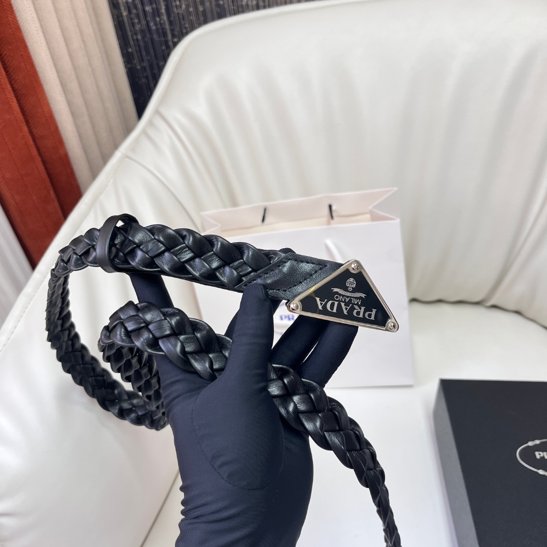 Prada Braided Leather Belt with Enamel Triangle Logo Buckle, Black 10 o 1ibgmlsmh17m165516cnnq0t3b40