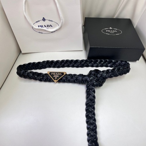 Prada Braided Leather Belt with Enamel Triangle Logo Buckle - Elegant Design