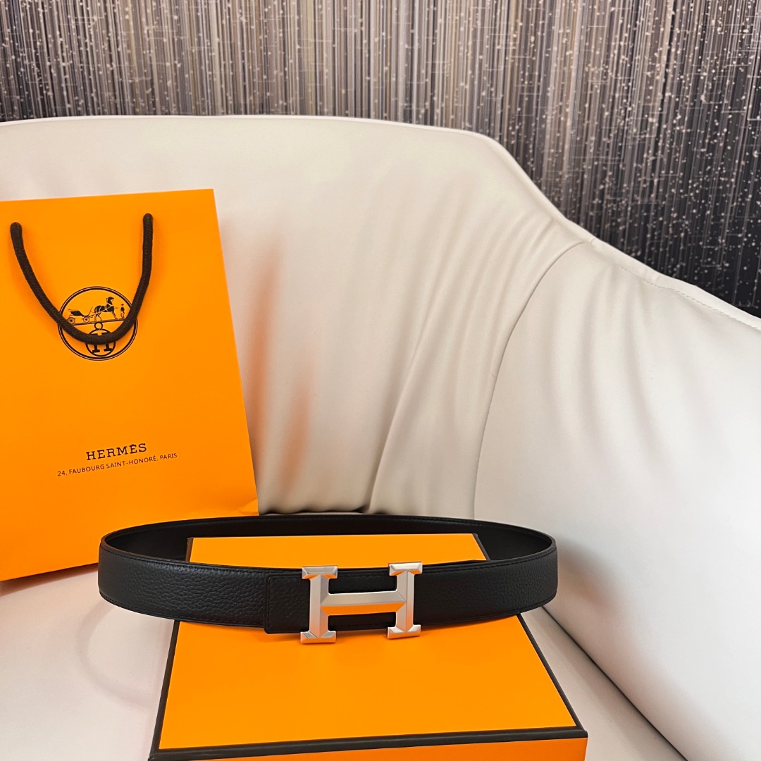 Hermes Men's Black Leather Belt with Silver H Buckle, 3.2cm Width