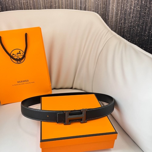 Hermes Black Leather Belt with H Buckle, 3.2cm Width, for Men and Women