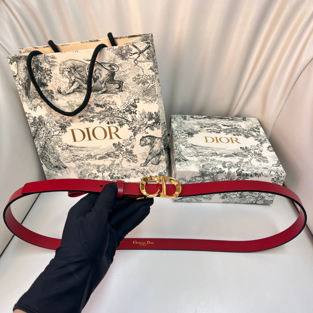 DIOR Red Leather Belt with Enamel Buckle - Elegant and Stylish