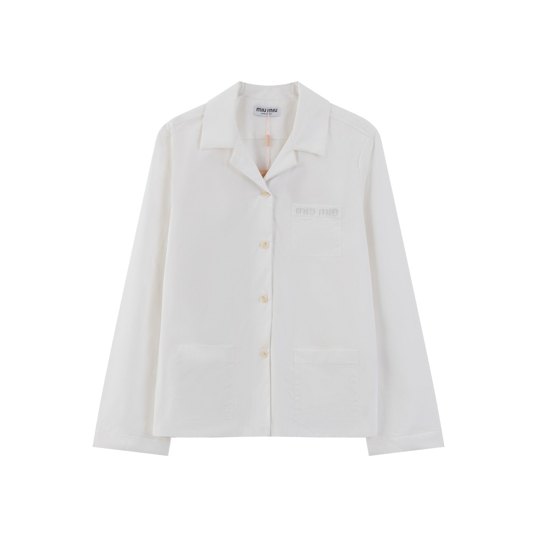 MiuMiu/Mumu24FW Silk Cotton Long-Sleeve Shirt in Ruby Blue and Ivory White