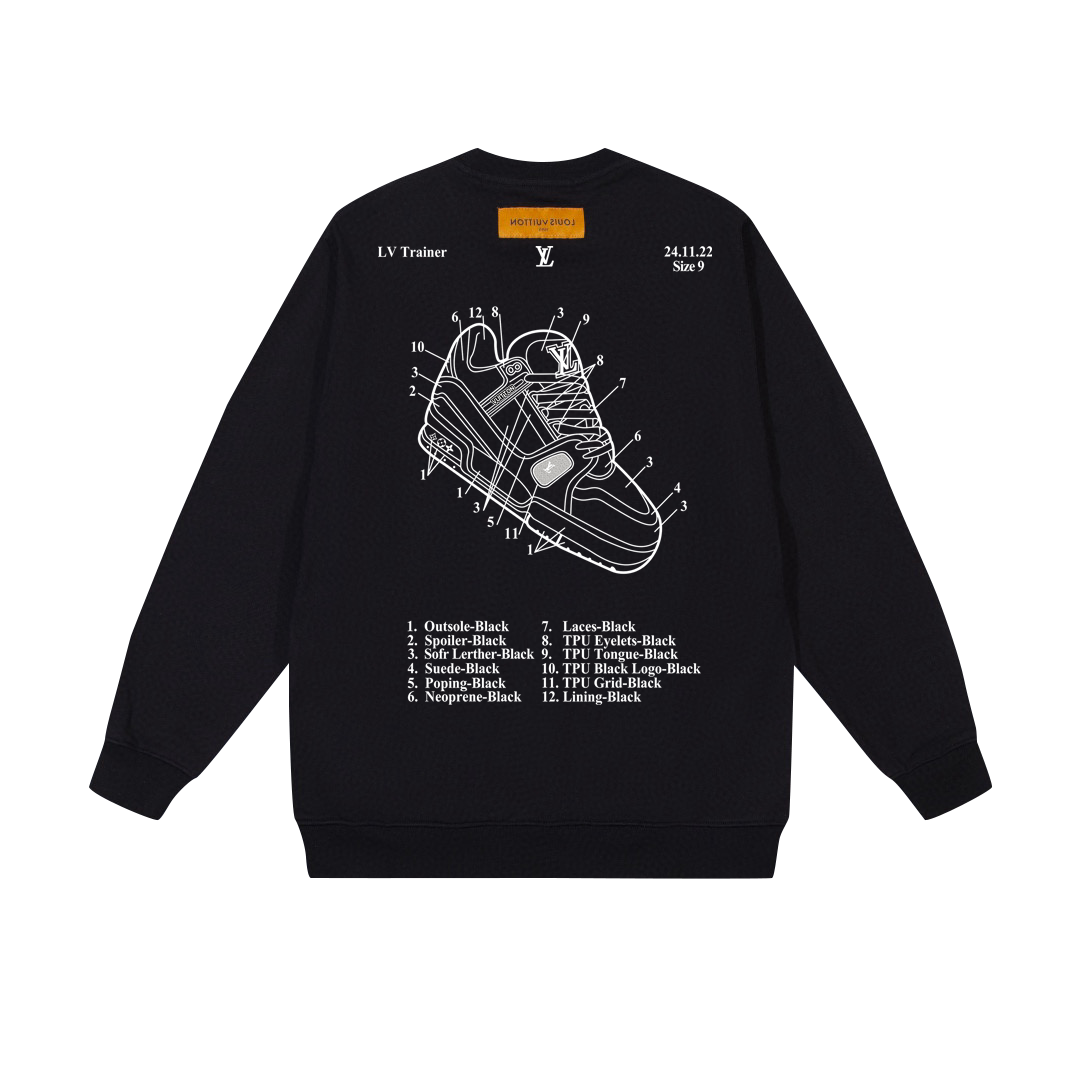 P110
LV 经典球鞋图案印花卫衣
版本：OS纯原
款号：HB120
· Louis Vuitton圆领卫衣
· 面料经过多次缩水处理真正做到0缩水0起球0变形
· 面料采用420克大毛圈高克重百分百纯棉 
· 完美版型真正做到人人上身皆好看，不论男女不论胖瘦

颜色：黑

尺码: S-M-L
