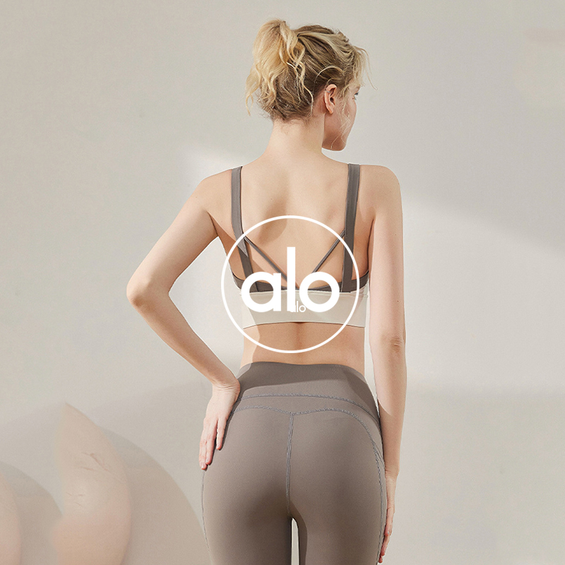 Alo sports bra yoga ivory with sage gray straps
